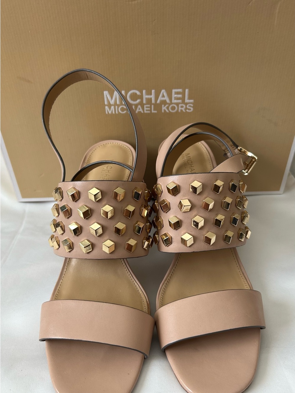 🩷Michael Kors💛”Valencia”Blush Pink Leather Studded Ankle Slingback Sandals-NIB